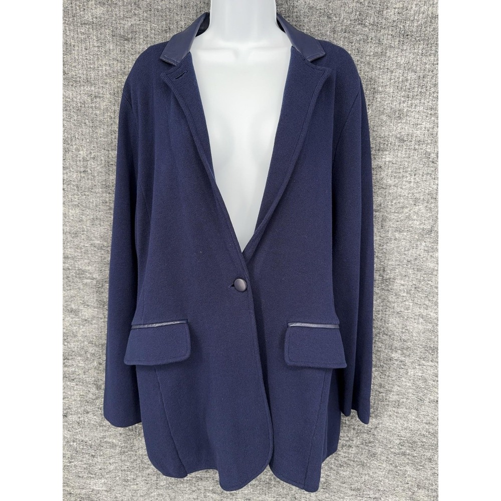 Lauren Ralph Lauren Blazer Womens 1X Blue Knit Faux Leather Trim Lined Jacket